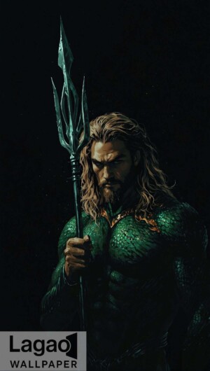 Aquaman holding trident in dark warrior pose 4K wallpaper