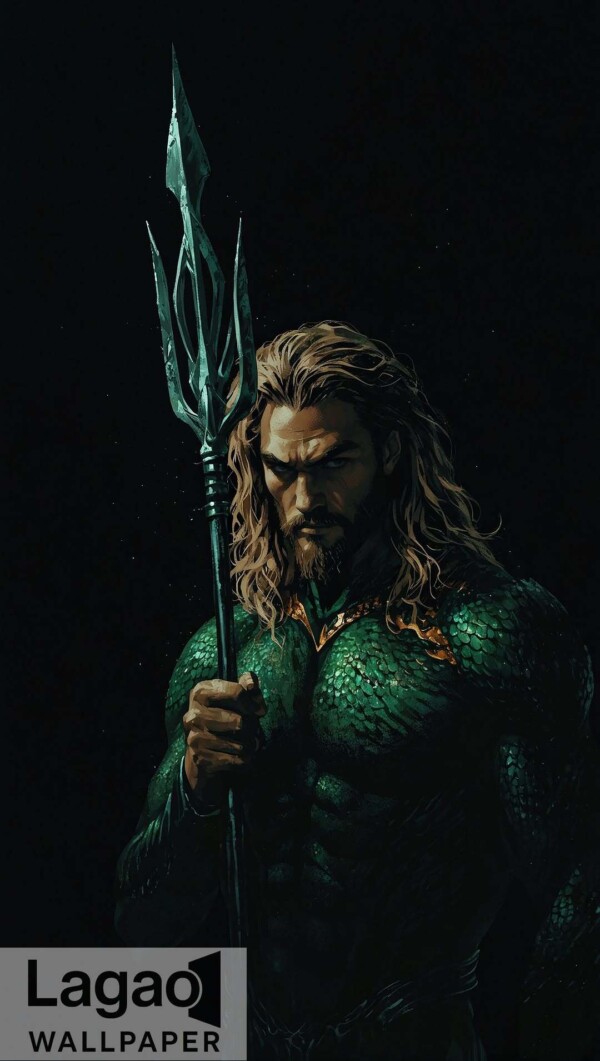 Aquaman holding trident in dark warrior pose 4K wallpaper