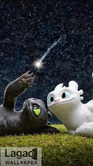 Toothless and Light Fury 4K HD Wallpaper - Starry Night Animation Scene