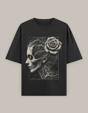 Women's  Oversized Classic Dark Gothic Skull Art with Rose T-Shirt