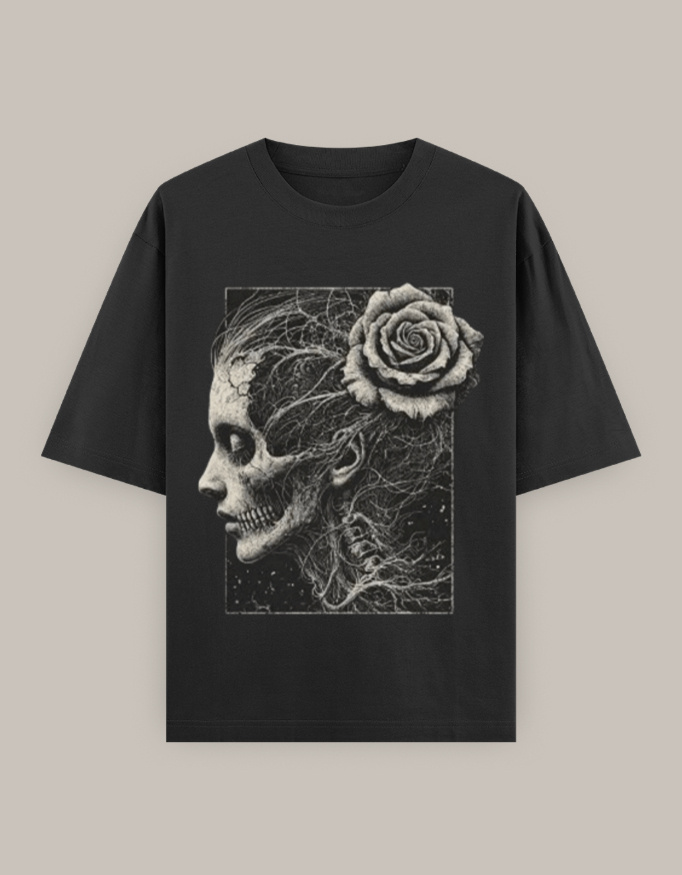 Women's  Oversized Classic Dark Gothic Skull Art with Rose T-Shirt