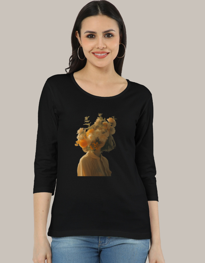 Women's Full Sleeve Surreal Portrait of Woman with Flowers  T-Shirt