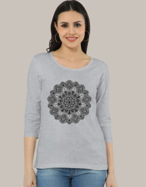 Women's Full Sleeve Intricate Black and White Mandala Design T-Shirt