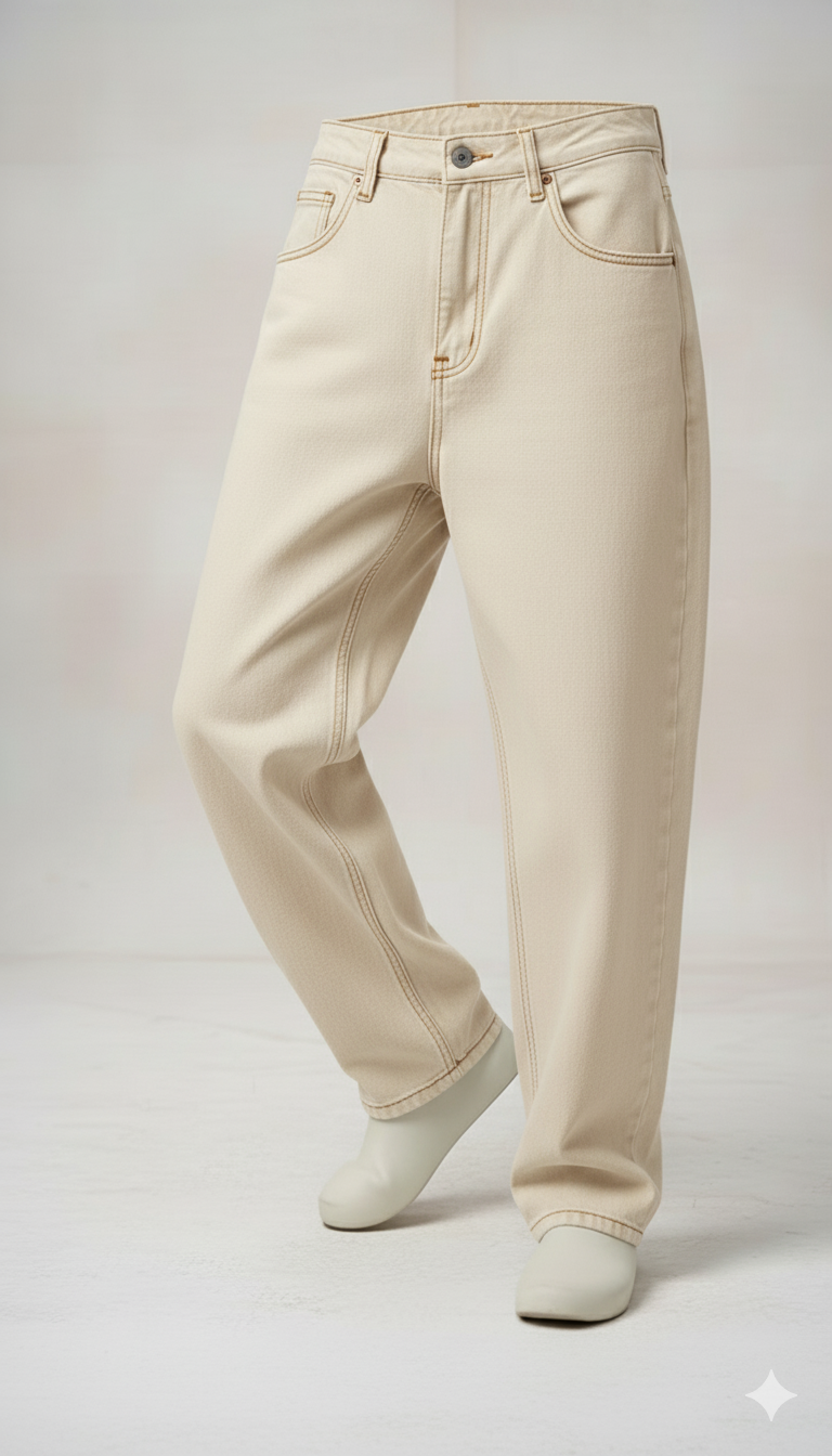 Loose Fit Beige Baggy Jeans for Men & Women | High-Waist Comfortable Denim