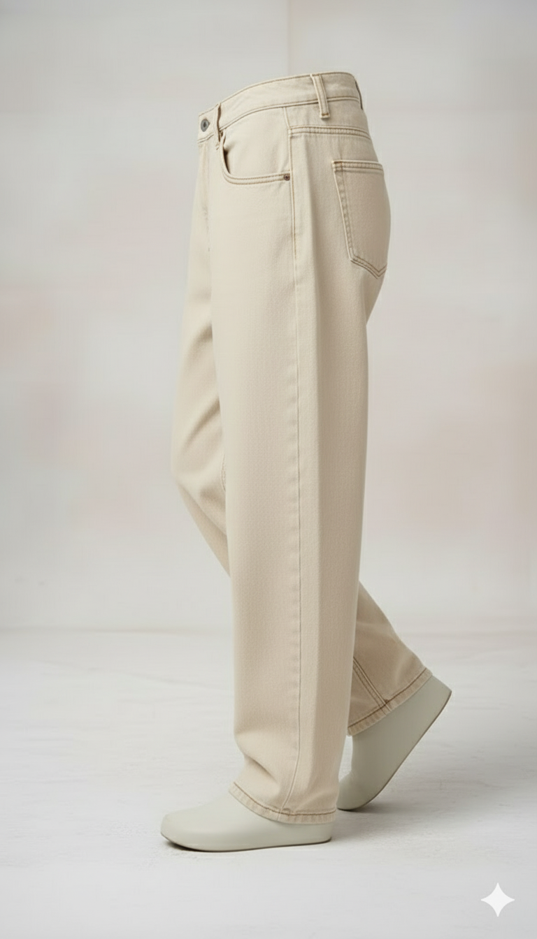 Loose Fit Beige Baggy Jeans for Men & Women | High-Waist Comfortable Denim - Image 3
